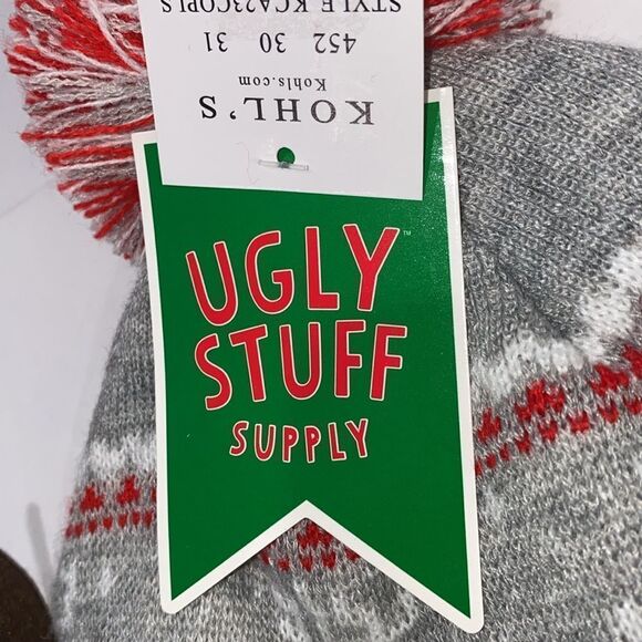 Ugly Stuff Supply Grey Heather Reindeer Print 3D Antler Pompom Knit Cap Hat - Picture 5 of 7
